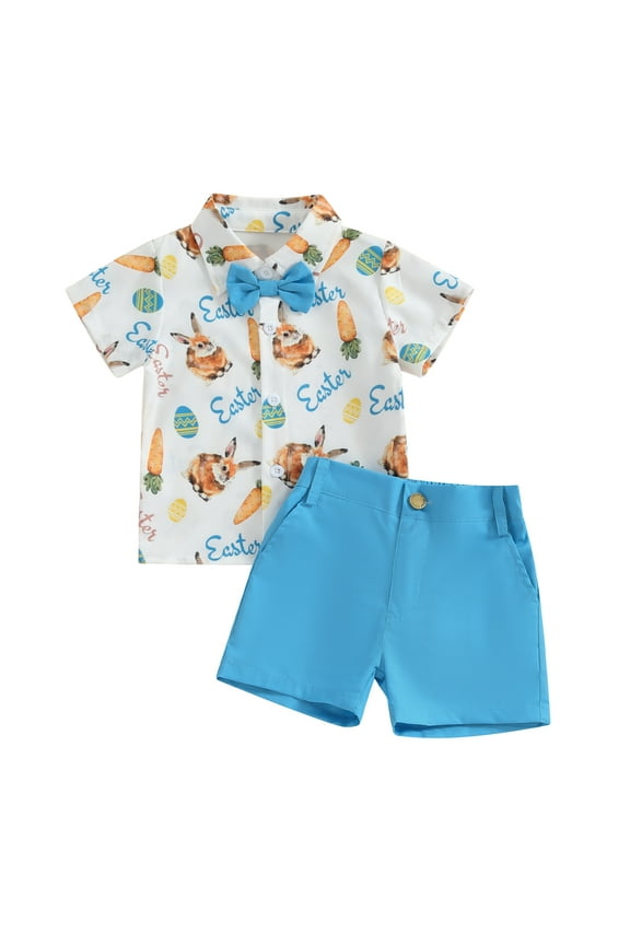 Kids Boys Easter Gentleman Suits Outfits 6M 1T 2T 3T 4T 5T Little Boys Long Sleeve Lapel Button Bunny Print Shirt and Shorts Set Summer Easter -themed Clothing for Child Boys