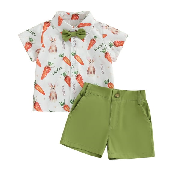 Suealasg Kids Boys Easter Gentleman Suits Outfits 6M 1T 2T 3T 4T 5T Little Boys Long Sleeve Lapel Button Bunny Print Shirt and Shorts Set Summer Easter -themed Clothing for Child Boys