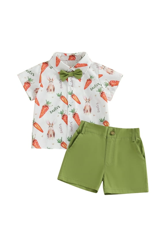 Kids Boys Easter Gentleman Suits Outfits 6M 1T 2T 3T 4T 5T Little Boys Long Sleeve Lapel Button Bunny Print Shirt and Shorts Set Summer Easter -themed Clothing for Child Boys