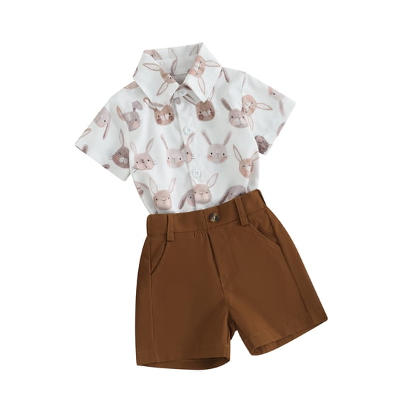 Suealasg Kids Boys Easter Gentleman Suits Outfits 6M 1T 2T 3T 4T Toddler Boys Short Sleeve Lapel Button Bunny Print Shirt and Shorts Set Summer Easter-themed Clothing for Little Boys