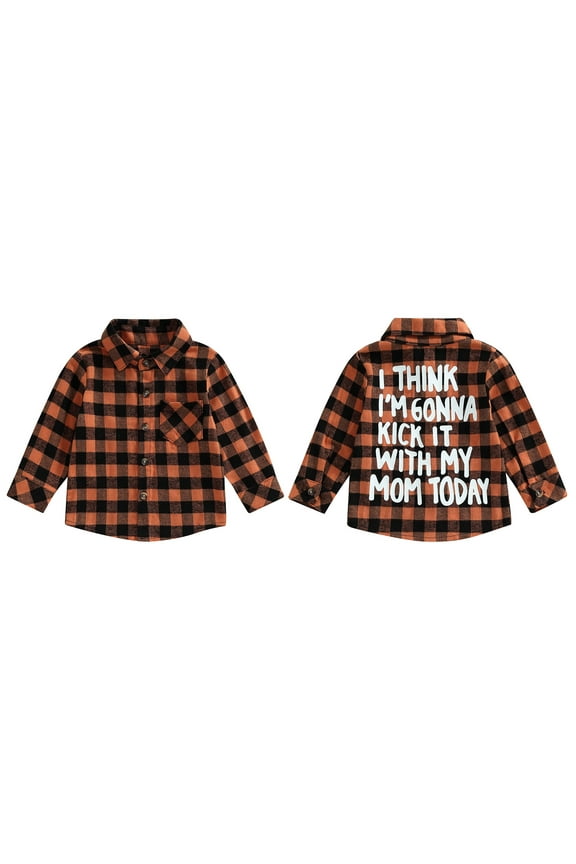 Kids Boys Fall Shirt Clothes 6M 1T 2T 3T 4T 5T 6T Toddler Baby Boys Long Sleeve Plaid Letter Print Button Down Collar T-shirt Tops Spring Autumn Clothing for Little Boys