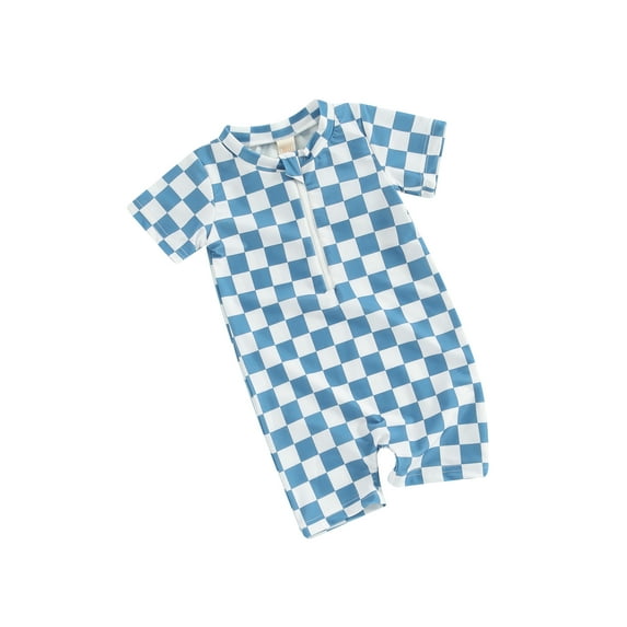 Suealasg Kids Boys Girl One Piece Swimsuits Short Sleeve Checkerboard Print Jumpsuit Swimwear Toddler Baby Summer Romper Bathing Suit Beachwear 0-4 Years