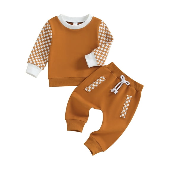 Suealasg Kids Boys Girls Fall Winter Clothes Long Sleeve Checkerboard Print Sweatshirt Pullover Tops + Joggers Sweatpants Outfit Set 6M 12M 18M 24M 3T Toddler Baby Boys Girls 2Pcs Tracksuit Outfits