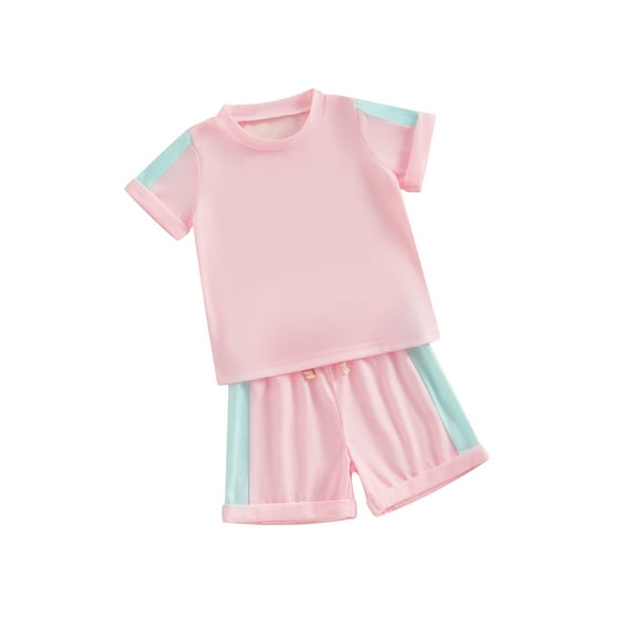 Suealasg Kids Boys Girls Outfits Contrast Color Short Sleeve Crew Neck T-shirt with Elastic Waist Shorts Toddler Little Boys Girls 2 Piece Summer Clothes Set