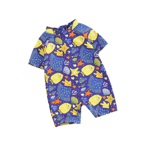 Suealasg Kids Boys One Piece Swimsuits Short Sleeve Fish Print Jumpsuit Swimwear Toddler Baby Boys Summer Romper Bathing Suit Beachwear 0-3 Years