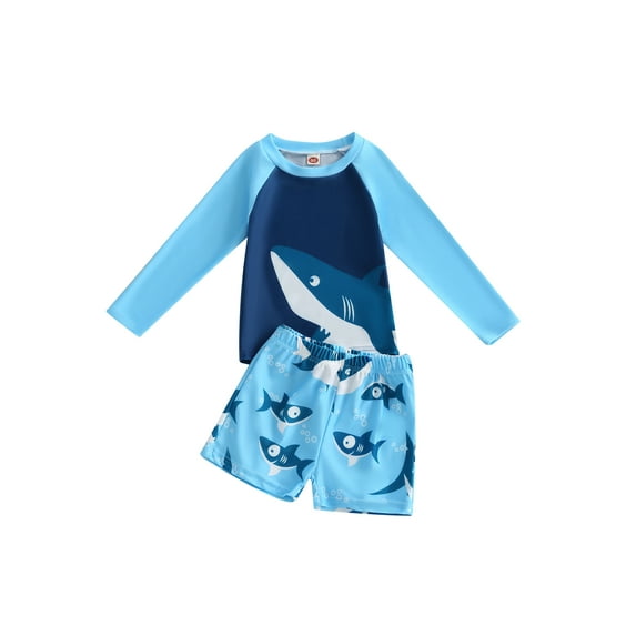 Suealasg Kids Boys Split Swimsuit Set 2T 3T 4T 5T 6T 7T Long Sleeve Shark Print Rash Guard Tops and Swim Trunks 2Pcs Little Boys Summer Swimwear Bathing Suit