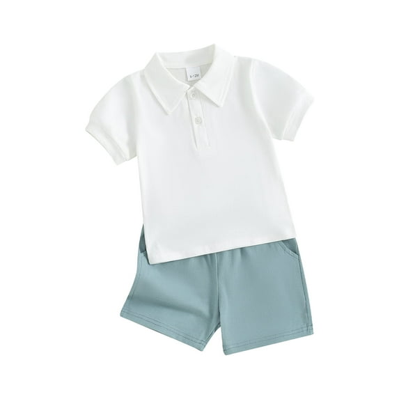 Suealasg Kids Boys Summer Outfits 6M 1T 2T 3T 4T Little Boys Short Sleeve Lapel Button T-Shirt Tops +Elastic Shorts Set 2Pcs Toddler Boys Casual Clothing