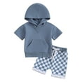thumbnail image 1 of Suealasg Kids Boys Summer Outfits 6M 1T 2T 3T Toddler Boys Solid Color Hooded Short Sleeve T-Shirts Tops and Checkerboard Elastic Waist Shorts 2Pcs Causal Clothing for Baby Boys, 1 of 9