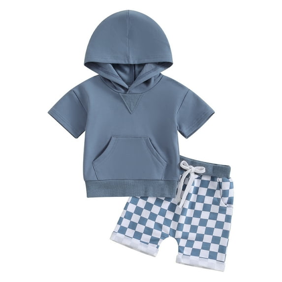 Suealasg Kids Boys Summer Outfits 6M 1T 2T 3T Toddler Boys Solid Color Hooded Short Sleeve T-Shirts Tops and Checkerboard Elastic Waist Shorts 2Pcs Causal Clothing for Baby Boys