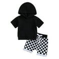 thumbnail image 1 of Suealasg Kids Boys Summer Outfits 6M 1T 2T 3T Toddler Boys Solid Color Hooded Short Sleeve T-Shirts Tops and Checkerboard Elastic Waist Shorts 2Pcs Causal Clothing for Baby Boys, 1 of 9