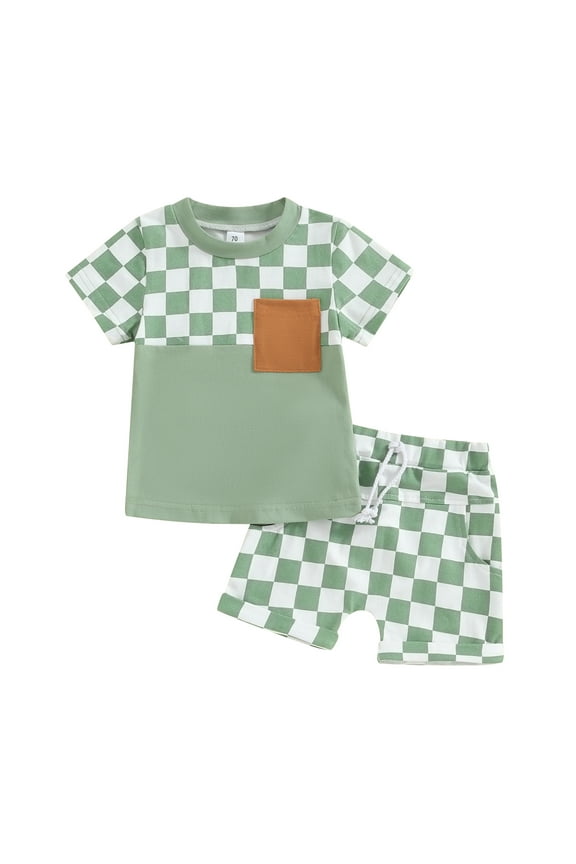 Kids Boys Summer Outfits Clothes 6M 1T 2T 3T 4T Children Short Sleeve Checkerboard Print T-Shirt Tops Elastic Shorts 2Pcs Causal Beach Clothing for Toddler Boy