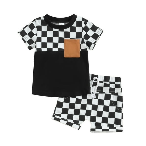 Suealasg Kids Boys Summer Outfits Clothes 6M 1T 2T 3T 4T Children Short Sleeve Checkerboard Print T-Shirt Tops Elastic Shorts 2Pcs Causal Beach Clothing for Toddler Boy