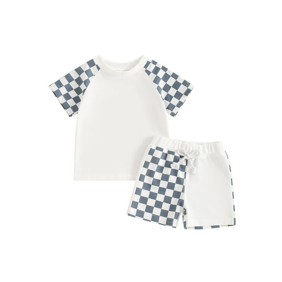 Suealasg Kids Boys Summer Shorts Set Short Sleeve Crew Neck Plaid T-shirt  Elastic Waist Shorts Toddler Boys 2Pcs Casual Outfit Set