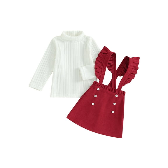 Suealasg Kids Girl 2 Piece Skirt Outfit Little Girls Solid Color Turtleneck Tops and Corduroy Suspender Skirt Set 1T 2T 3T 4T 5T Toddler Girls Fall Cute Clothes