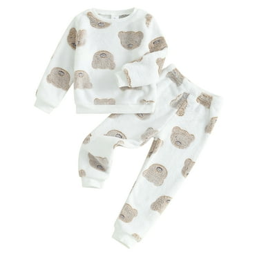 Suealasg Kids Girl 2PCS Winter Outfits Long Sleeve Crew Neck Bear Print Sweatshirt Top Elastic Waist Sweatpants 3-7 Years Little Girl Fuzzy Pajama Set