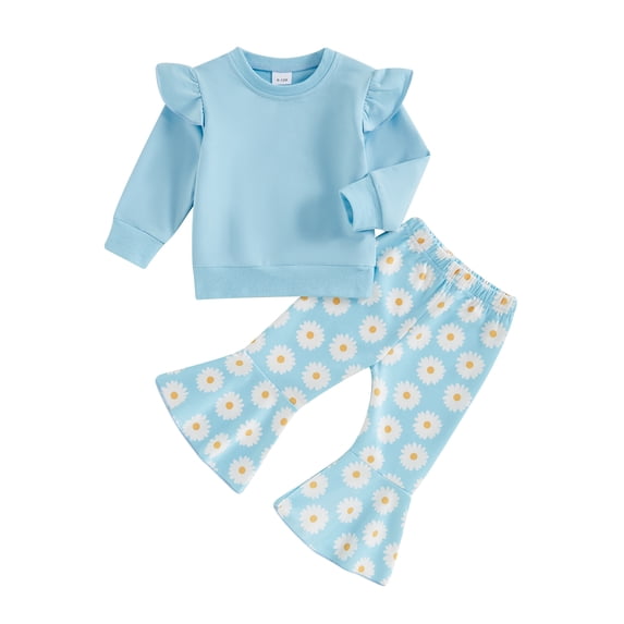 Suealasg Kids Girl Autumn Outfits 2Pcs Toddler Baby Girl Clothes Set Flying Sleeve Solid Color Pullover Floral Flared Pants Sets 1T 2T 3T 4T 5T Little Girls Fall Clothing