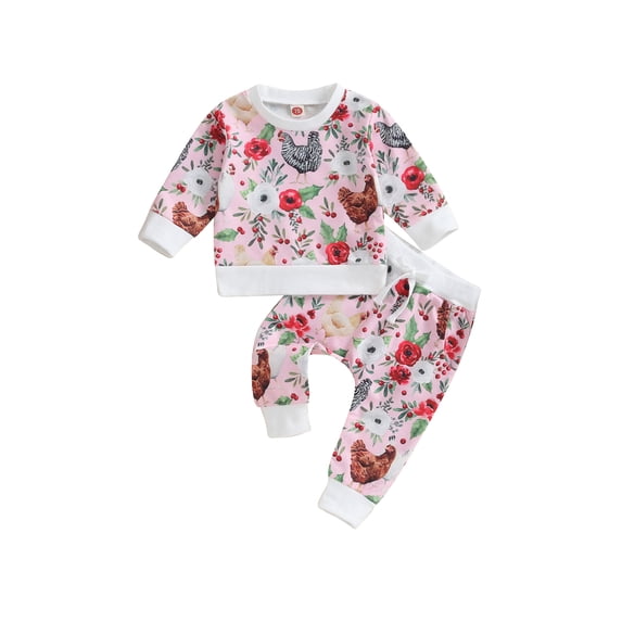 Suealasg Kids Girl Christmas Outfits Clothes 6M 12M 18M 2T 3T Children Girl Long Sleeve Floral Chicken Sweatshirt Tops and Drawstring Pants 2Pcs Christmas Clothing Set for Toddler Baby Girl