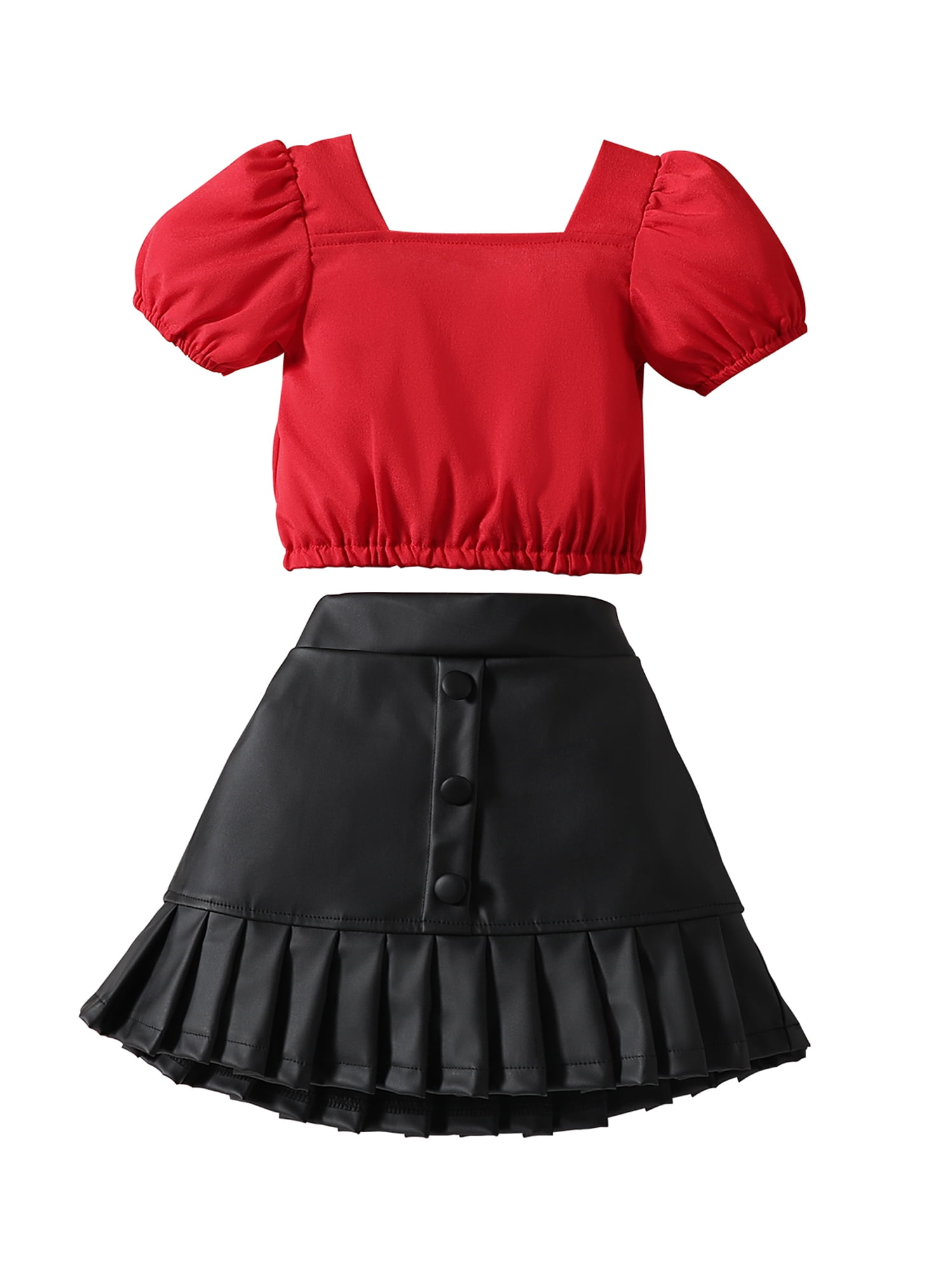 Suealasg Kids Girl Clothes Red Short Puff Sleeve Tops Black PU Leather
