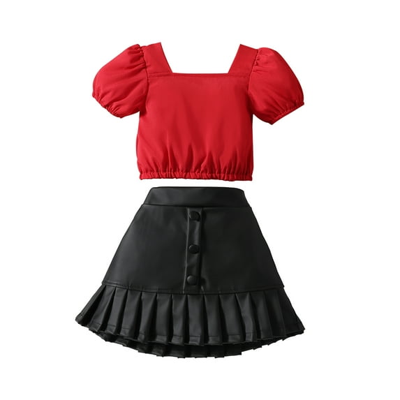 Suealasg Kids Girl Clothes Red Short Puff Sleeve Tops Black PU Leather Skirt Set 2Pcs Little Girls Birthday Photoshoot Outfits 1-6 Years