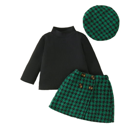 Suealasg Kids Girl Fall Skirt Outfits Long Sleeve Mock Neck Tops + Houndstooth Skirt + Hat Set 6M 1T 2T 3T Toddler Baby Girl 3 Piece Autumn Party Clothes