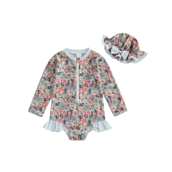 Suealasg Kids Girl One Piece Swimsuits  Hat Toddler Girl Long Sleeve Floral Print Rash Guard Swimwear Baby Girl Summer Bathing Suit Beachwear 1-5 Years