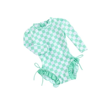Suealasg Kids Girl One Piece Swimsuits Toddler Girl Long Sleeve Checkerboard Print Jumpsuit Swimwear Baby Girl Summer Sun Protection Romper Bathing Suit Beachwear 1-4 Years