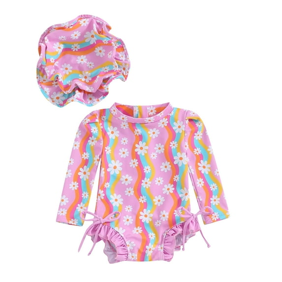 Suealasg Kids Girl One Piece Swimsuits Toddler Girl Long Sleeve Floral Rainbow Print Romper Swimwear Baby Girl Summer Bathing Suit Beachwear 1-4 Years