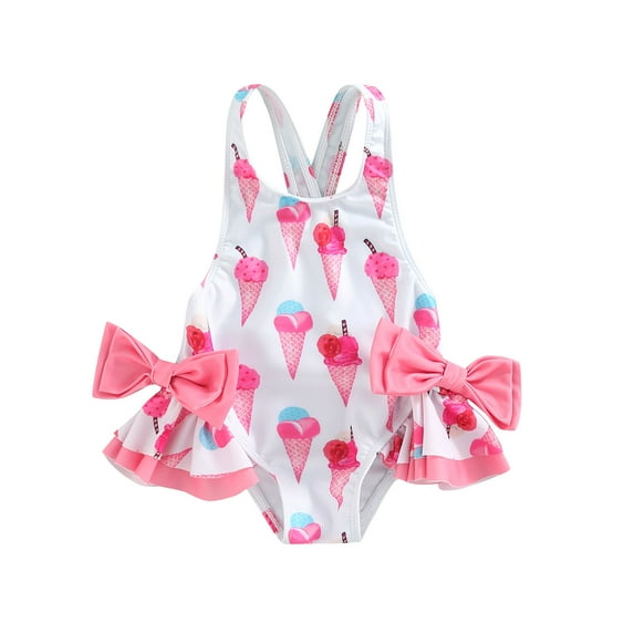 Suealasg Kids Girl One Piece Swimsuits Toddler Girl Sleeveless Doughnut/Ice Cream Printed Romper Swimwear Little Girl Summer Bathing Suit Beachwear 0-6 Years