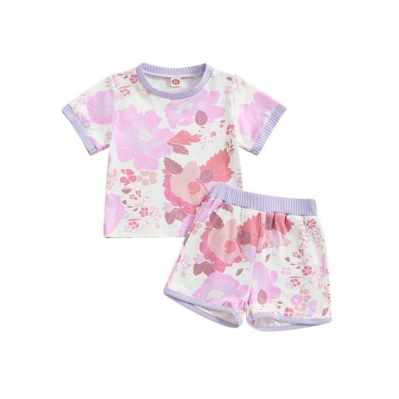 Suealasg Kids Girl Summer Outfits 2Pcs Short Sleeve Crew Neck Floral Print Tops Shorts Sets Toddler Girls Casual Clothes