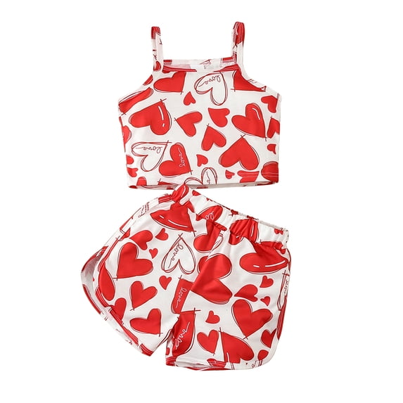 Suealasg Kids Girl Valentine’s Day 2Pcs Outfits Clothes 4T 5T 6T 7T Little Girls Summer Clothing Heart Print Camisole with Shorts
