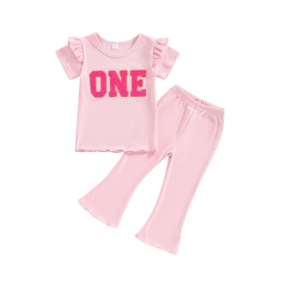 Suealasg Kids Girls 2Pcs Birthday Outfits Short Sleeve Letter Embroidery Tops + Flare Pants Set 1-5 Years Toddler Baby Girls Summer Clothes