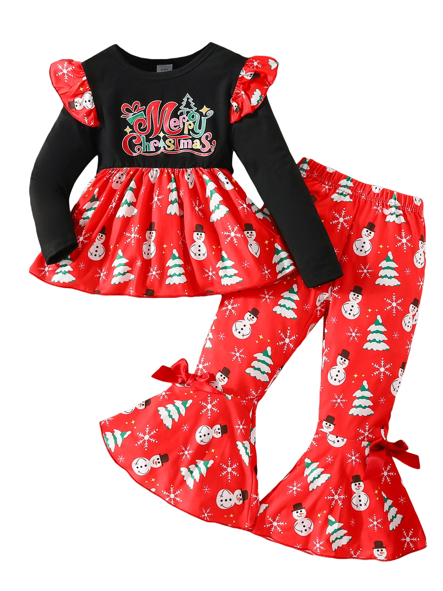 Suealasg Kids Girls Christmas Outfits 3T 4T 5T 6T 7T Child Girls Crew Neck Long Sleeve Snowman Christmas Tree Print Dress Tops Flare Pants 2Pcs Little Girls Fall Clothes Set
