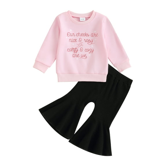 Suealasg Kids Girls Christmas Outfits Clothes 6M 1T 2T 3T 4T Toddler Baby Girls Long Sleeve Letters Print Sweatshirt+Flared Pants 2Pcs Christmas-themed Clothing for Children Girls