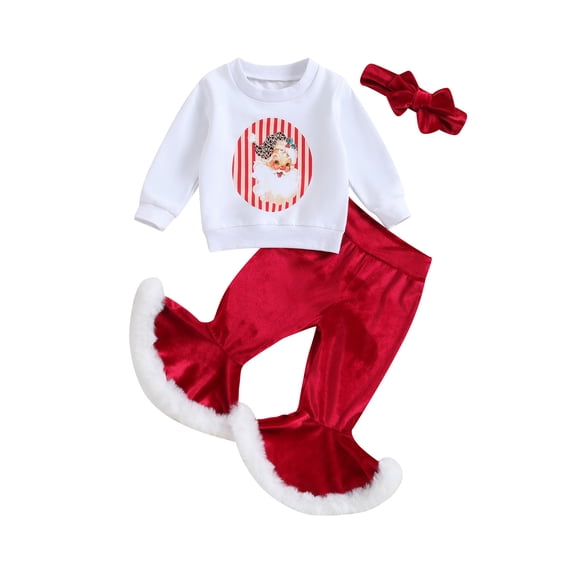 Suealasg Kids Girls Christmas Outfits Clothes 6M 1T 2T 3T Toddler Baby Girls Long Sleeve Santa Claus Print Sweatshirt+Red Flared Pants 2Pcs Christmas-themed Clothing Costume for Children Girls