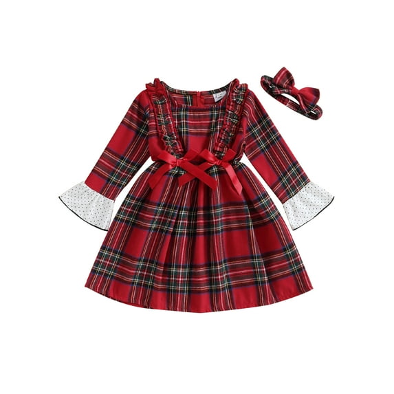 Suealasg Kids Girls Christmas Princess Dress 1T 2T 3T 4T 5T Long Sleeve Crew Neck Plaid A-line Dress Headband Spring Autumn Dress Clothing for Toddler Baby Girls