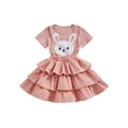 thumbnail image 1 of Suealasg Kids Girls Easter Outfits Clothes 1T 2T 3T 4T 5T 6T Little Girls Short Sleeve T-shirt with Bunny Layered Overall Dress 2Pcs Summer Clothing, 1 of 8