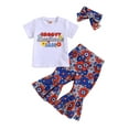 thumbnail image 1 of Suealasg Kids Girls Independence Day Clothes Toddler Baby Girls 4th of July Outfits Letter Print Short Sleeve T-shirt and Floral Ribbed Flare Pants Headbands 3Pcs Summer Clothing, 1 of 9