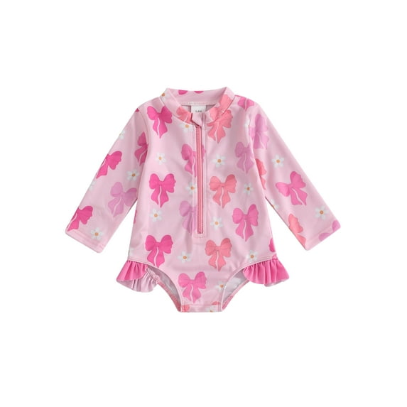 Suealasg Kids Girls One Piece Swimsuit 1T 2T 3T 4T 5T Little Girl Long Sleeve Bow Print Romper Swimwear Toddler Girls Summer Bathing Suit Beachwear
