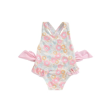 Suealasg Kids Girls One Piece Swimsuits Child Girls Floral Print Sleeveless U-Neck Romper Swimwear Toddler Girl Summer Sun Protection Bathing Suit Beachwear 1-6 Yearsc