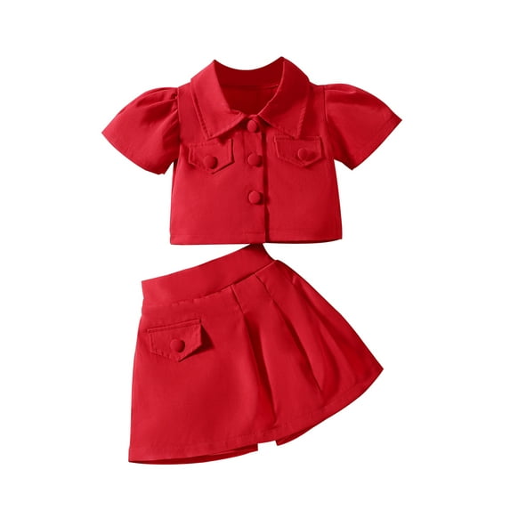 Suealasg Kids Girls Outfits Contrast Color Solid Color Short Sleeve Button Shirt and Shorts Skirt Set 1T 2T 3T 4T 5T 6T Little Girls 2 Piece Summer Clothes Set