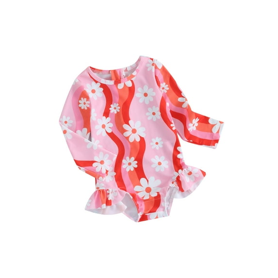 Suealasg Kids Girls Romper Swimsuit Long Sleeve Round Neck Daisy Print One Piece Swimwear Little Girls Summer Beachwear Bathing Suit