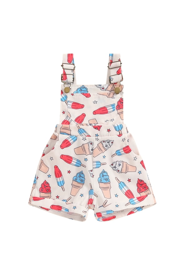 Kids Girls Summer Independence Day Jumpsuit Sleeveless Ice Cream/Firework Print Suspender Shorts 1T 2T 3T 4T 5T 6T Little Girls 4th of July Clothes