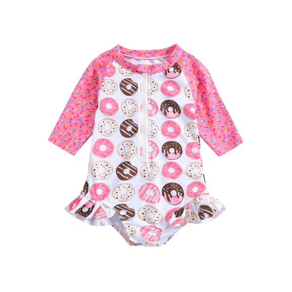 Suealasg Kids Girls Summer One Piece Swimsuit 1T 2T 3T 4T 5T 6T Little Girl Long Sleeve Ruffle Starfish Donut Leaves Print Swimwear Kids Girls Rash Guard Beach Bathing Suit