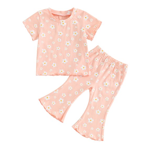 Suealasg Kids Girls Summer Outfit Sets 1T 2T 3T 4T Floral Print Short Sleeve T-Shirts Tops and Elastic Waist Flare Pants 2Pcs Toddler Baby Girls Casual Clothes
