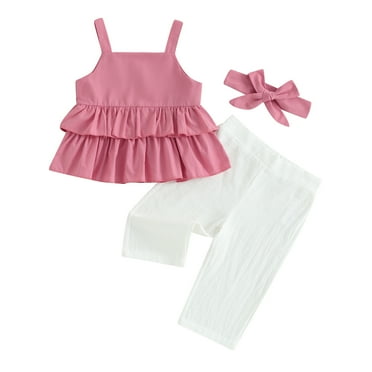Suealasg Kids Girls Summer Outfit Solid Color Ruffles Sleeveless Tank Tops Long Pants Headband 3Pcs Toddler Baby Hawaiian Vacation Clothes