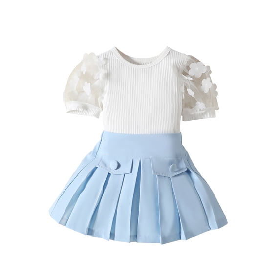 Suealasg Kids Girls Summer Outfits 1T 2T 3T 4T 5T 6T Toddler Girls Short Sleeve Flower Mesh Tops +Pleated Skirt Set 2Pcs Beach Party Clothing for Children Girls