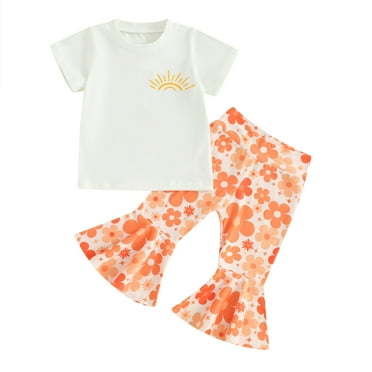 Suealasg Kids Girls Summer Outfits 6M 1T 2T 3T 4T 5T Toddler 2 Piece Flare Pants Set Round Neck Short Sleeve Back Letter Print Tops + Elastic Waist Flower Flare Pants
