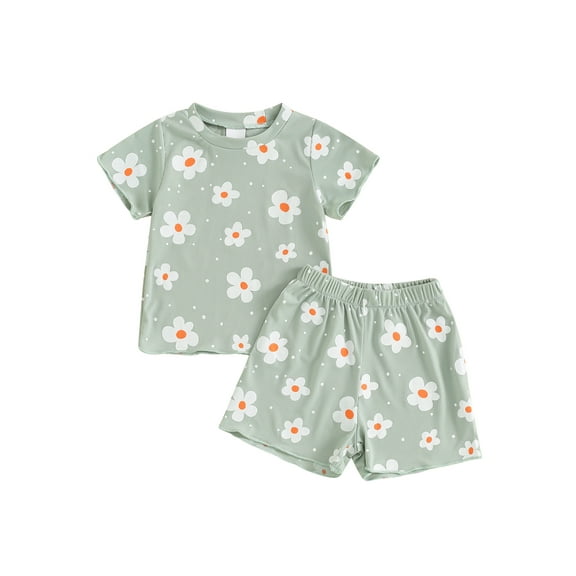 Suealasg Kids Girls Summer Outfits 6M 1T 2T 3T 4T Short Sleeve Floral Print T-Shirt Tops Elastic Shorts 2Pcs Causal Beach Clothes for Toddler Baby Girls