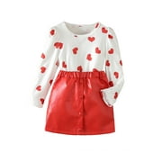 SUEALASG Kids Girls Valentine's Day Clothes Set 6M 1T 2T 3T 4T Toddler Girls Long Sleeve Heart Print Tops Red Button PU Leather Skirt Set 2PCS Little Girls Spring Valentine Party Suits