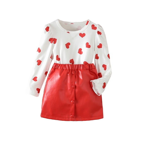 Suealasg Kids Girls Valentine's Day Clothes Set 6M 1T 2T 3T 4T Toddler Girls Long Sleeve Heart Print Tops Red Button PU Leather Skirt Set 2PCS Little Girls Spring Valentine Party Suits